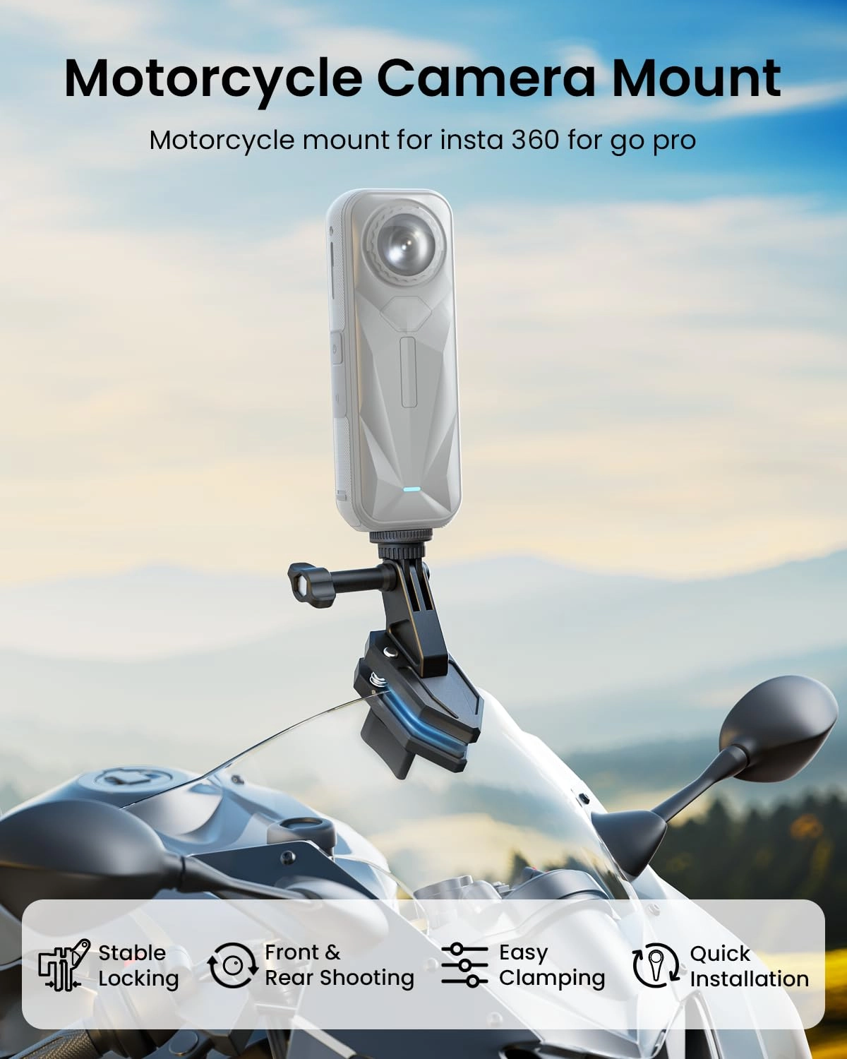 Motorcycle Windshield Clip Camera Mount - Insta360 X5/X4/X3 GoPro