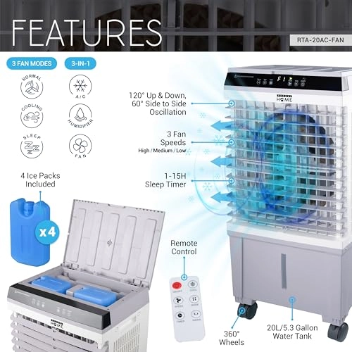 3-in-1 Evaporative Cooler - 1800 Cubic Feet Per Minute 5.3 Gallons
