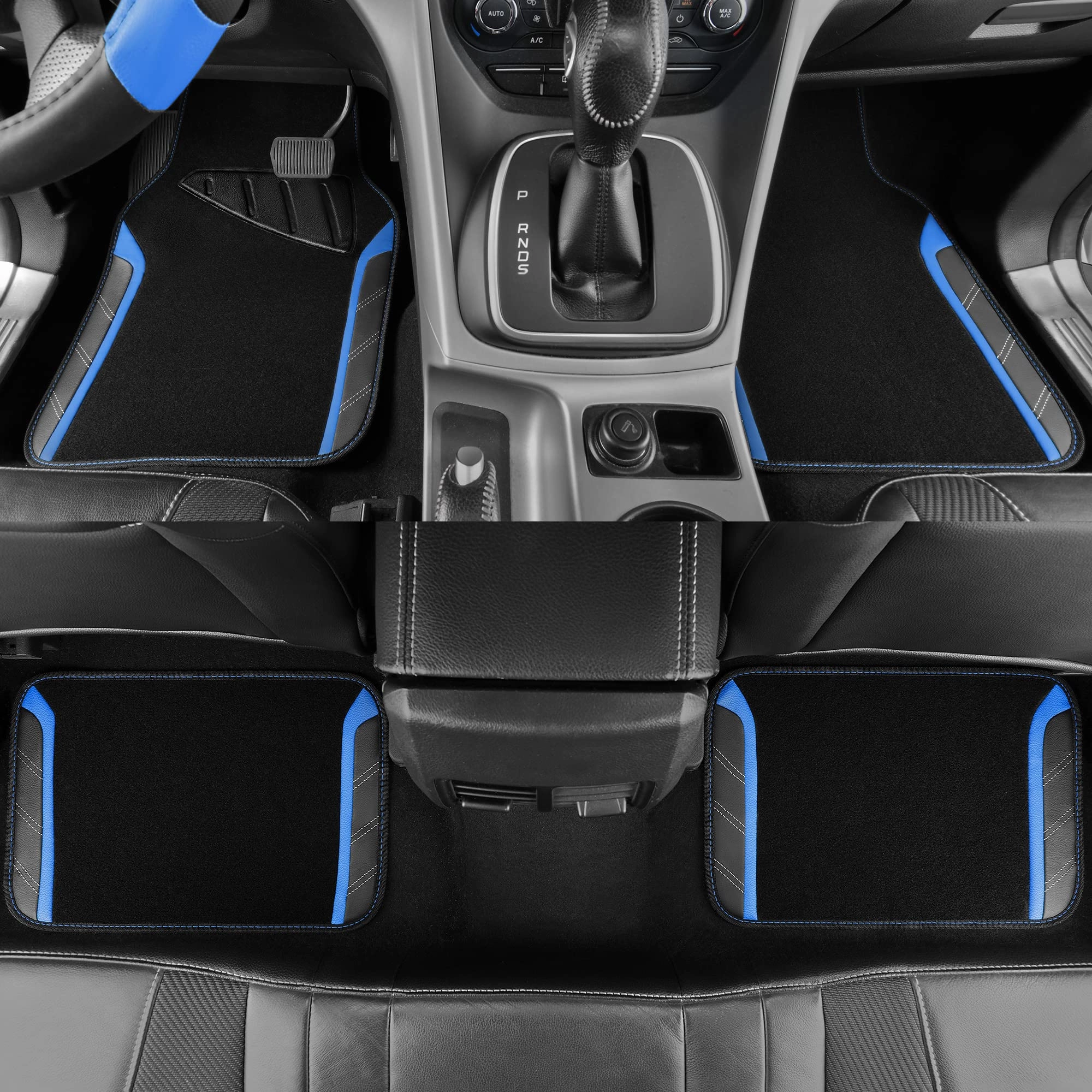Car Seat Covers - Air Mesh Leather + Car Floor Mats - Waterproof + Steering Wheel Cover - Sporty