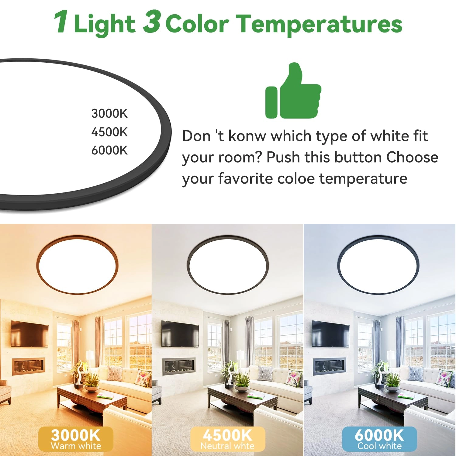 Flush Mount Ceiling Light - 3000/4500/6000K Dimmable