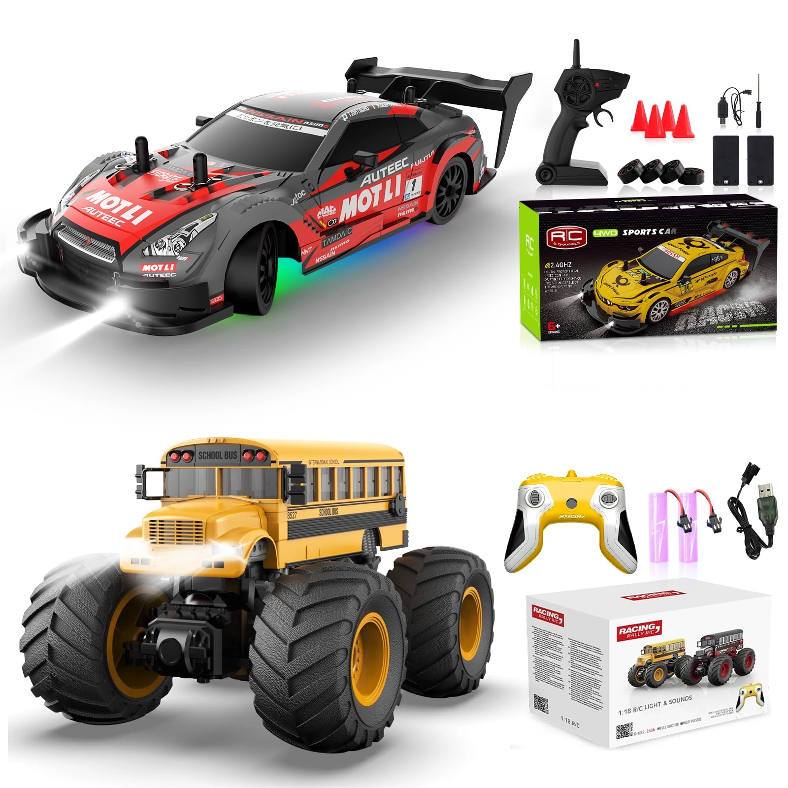 eversalet RC Drift Car - 1/20 4WD + Remote Control School Bus - 1/18 All-terrain