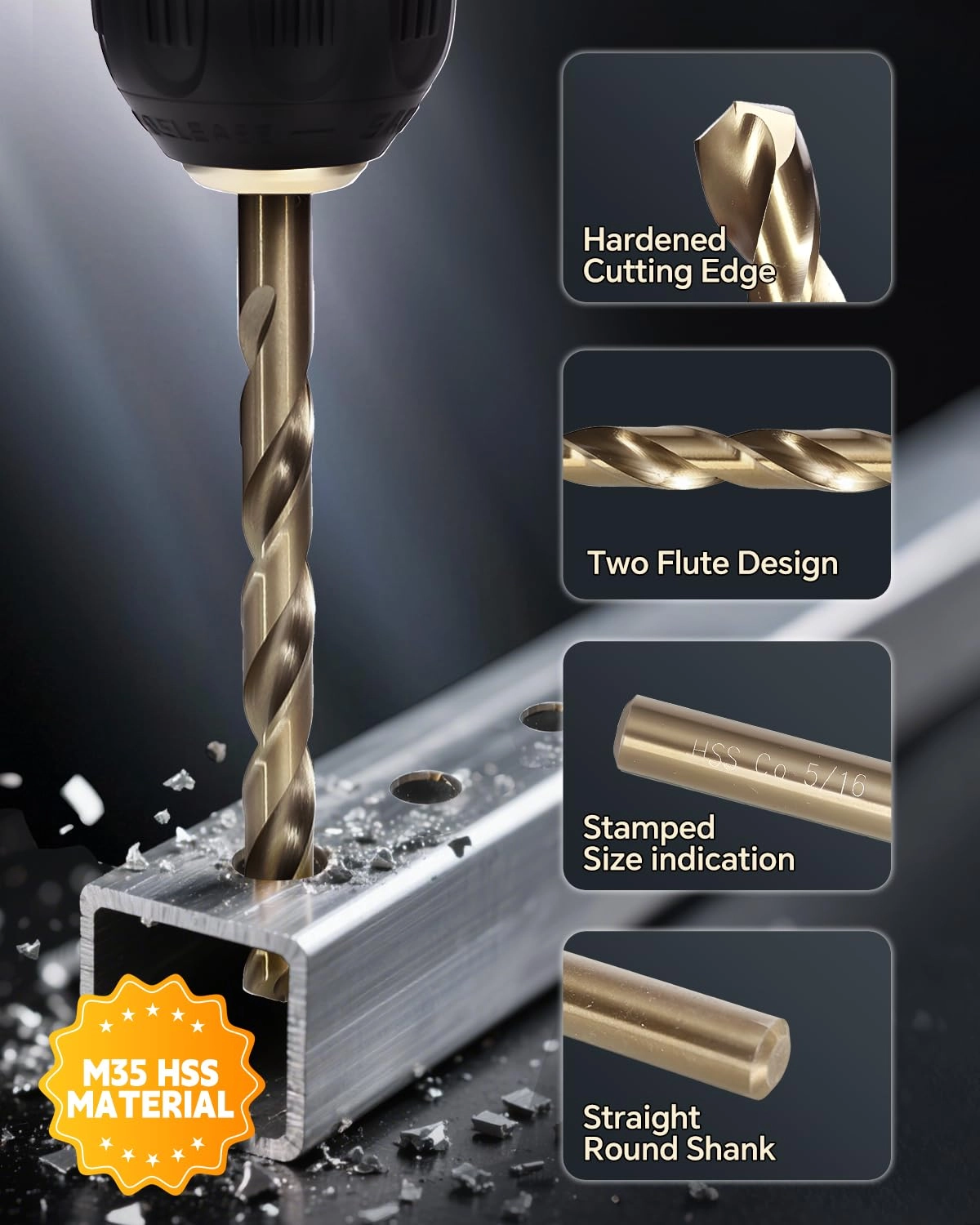 Cobalt Drill Bit Set - M35 High Speed Steel 21Pcs 1/16"-3/8"