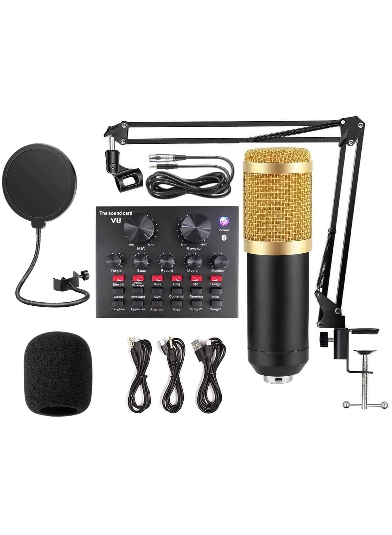 Condenser Microphone + V8S Live Sound Card Wireless+USB+3.5mm-Mini-Jack Microphone