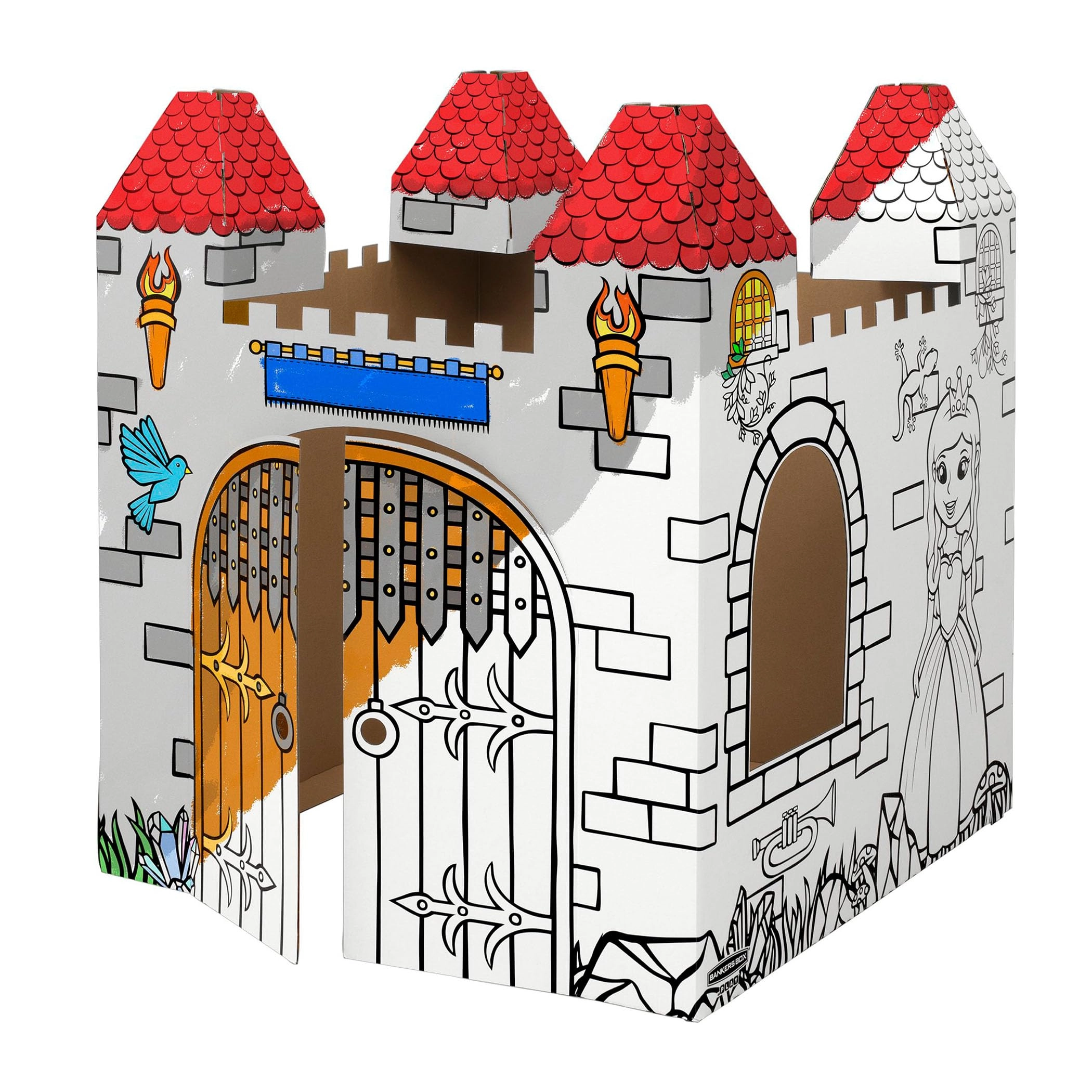 Fellowes Castle Playhouse for Kids XL - 108.8 x 94 x 94cm Colour-In Cardboard Den