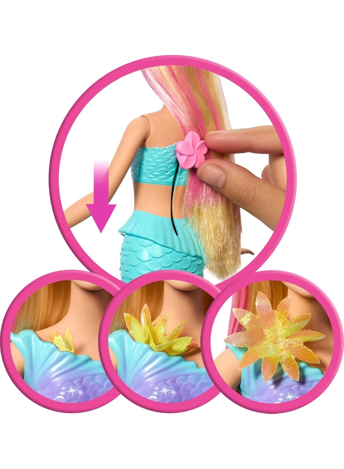 Barbie Flower Magic Mermaid - Long Blonde Hair Pink Highlights Ombre Tail Ages 3+