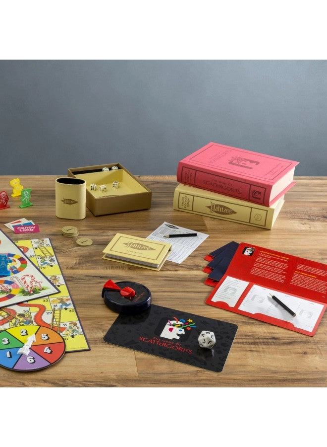 Scrabble + Monopoly + Clue + Boggle + Yahtzee + Catch Phrase + Scattergories + Chess + Sorry! + Candy Land + Chutes and Ladders + Mystery Date + The Game of Life + Taboo + Connect Four