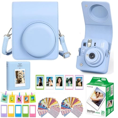 Camera Case - Frosty Blue + INSTAX Mini Instant Film - 20 Shot + Mini Photo Album - 64 Pocket + Hanging Photo Display + Mini Desktop Photo Frames + Magnetic Fridge Photo Frames + Photo Border Stickers - 60