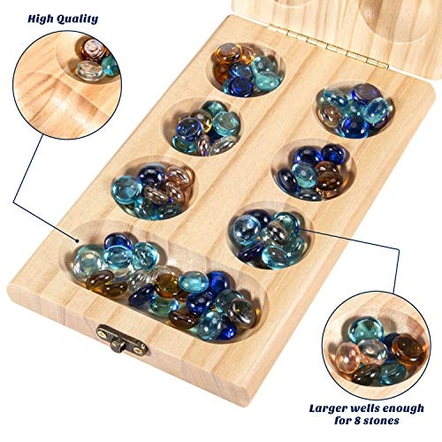 Mancala - Wooden Folding 728 Bonus Multi Color Glass Stones