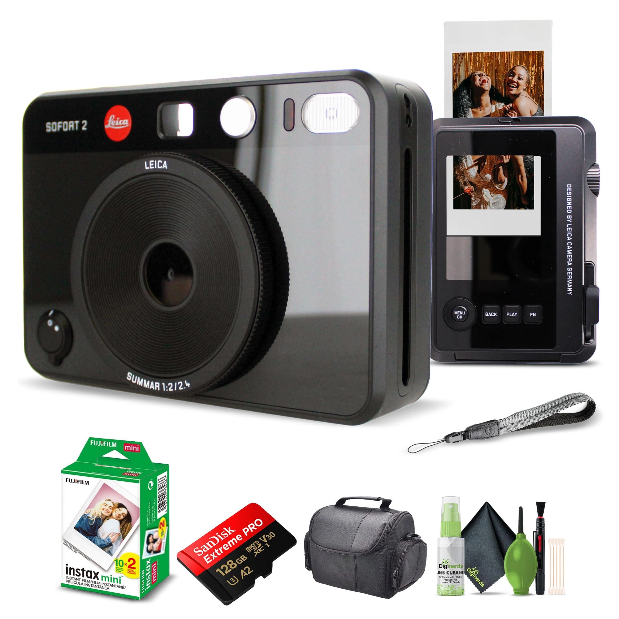 Leica Sofort 2 - White + Travel Bag + Cleaning kit + Fujifilm Instax Mini Instant Film - 20 Exposures + microSDXC Extreme Pro - 128GB