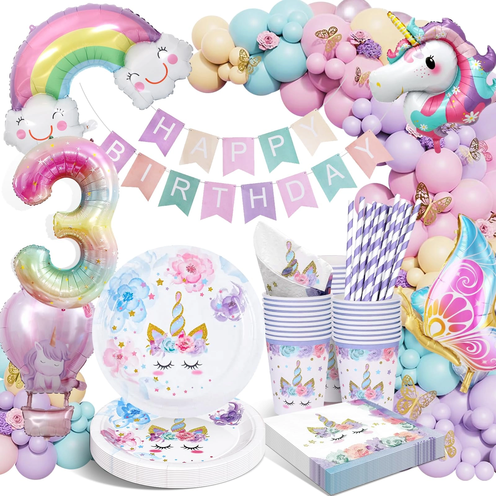 yosiio Unicorn Party Tableware Set - 16 Guests Anniversary