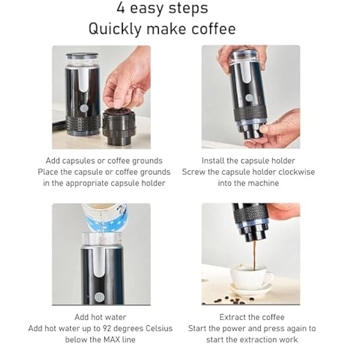 Portable Espresso Machine - 1200mAh Battery Type-C Charging Capsules & Ground Coffee