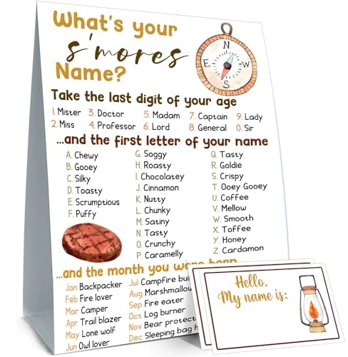 What's Your S'Mores Name Game - 1 double-sided printed sign and 30 stickers Birthday