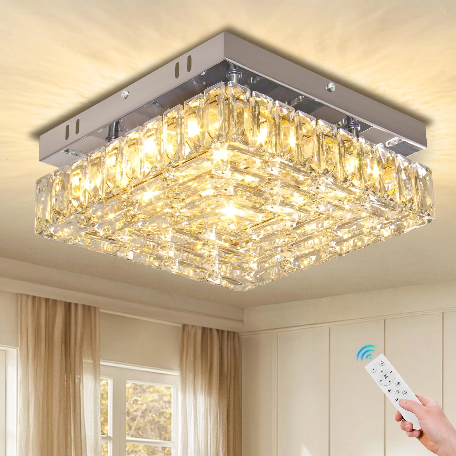 FRIXCHUR LED Square Crystal Chandelier - 2700K-6500K Dimmable