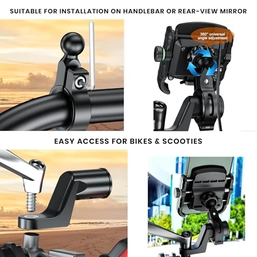Motorcycle Phone Holder - Compatible with 4" to 6" Phone 360° Phone Protection Aluminium Clamp