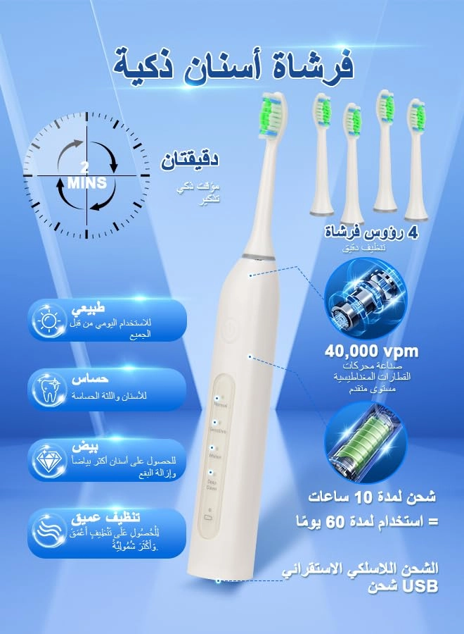 YWD-TB36-WH - 40000 VPM 4 Brush Heads USB Wireless Charging
