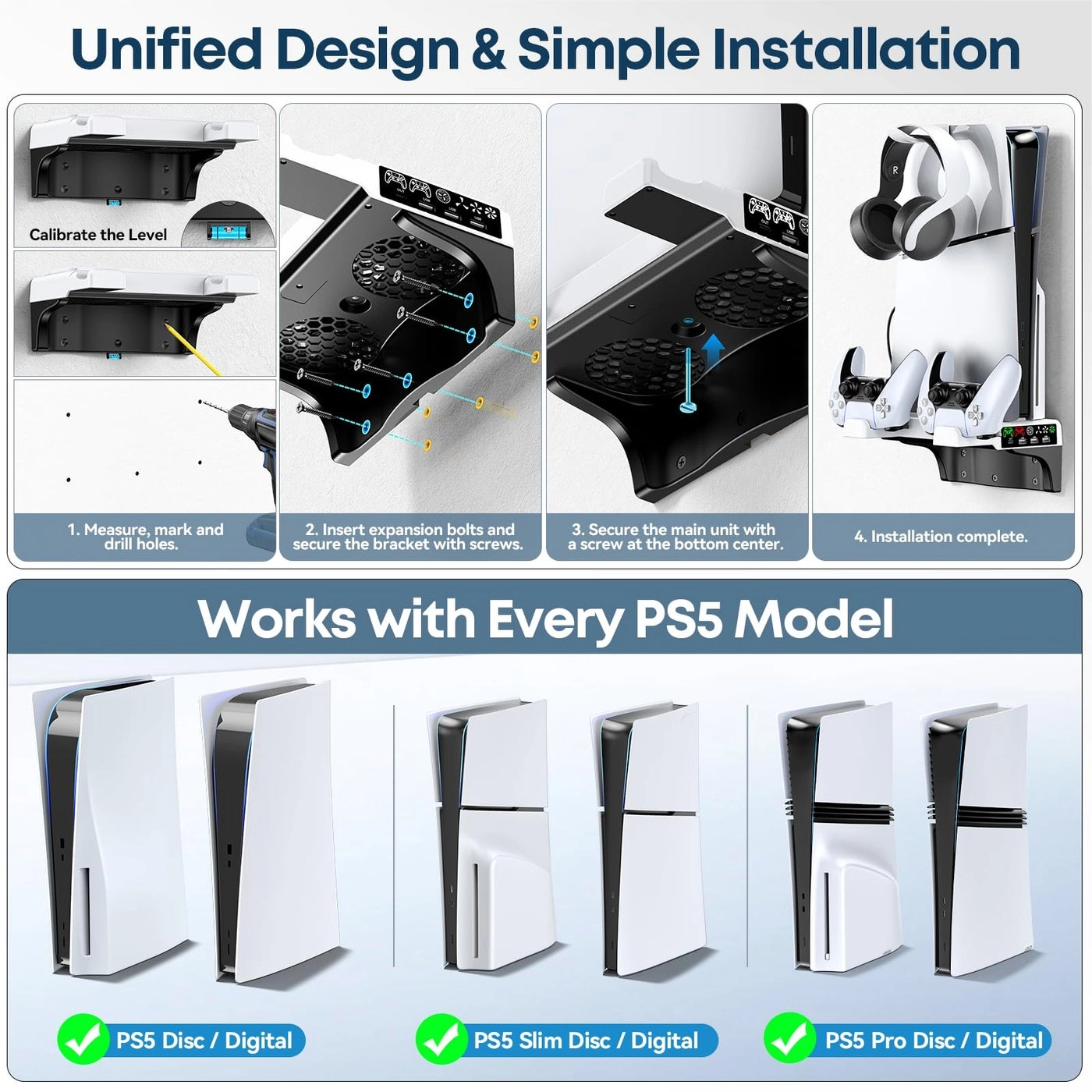 PS5 Wall Mount Kit + Cooling Fan + Controller Charging Station + PS5 Floating Shelf + Sega Genesis Consoles - PS5/Slim/Pro Disc & Digital Console