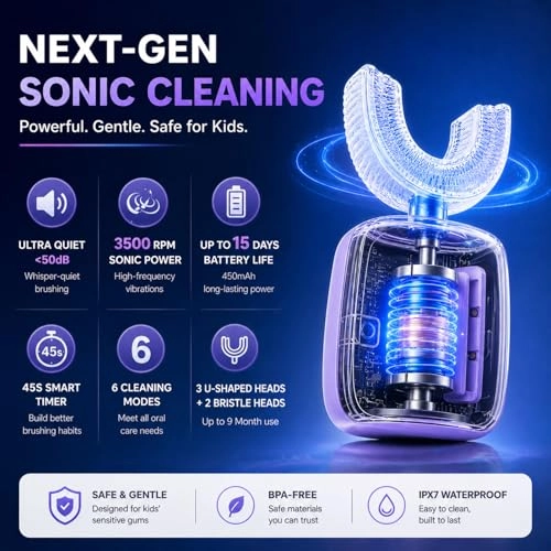 Kids Electric Toothbrush - U Shaped 5 Brush Head Purple