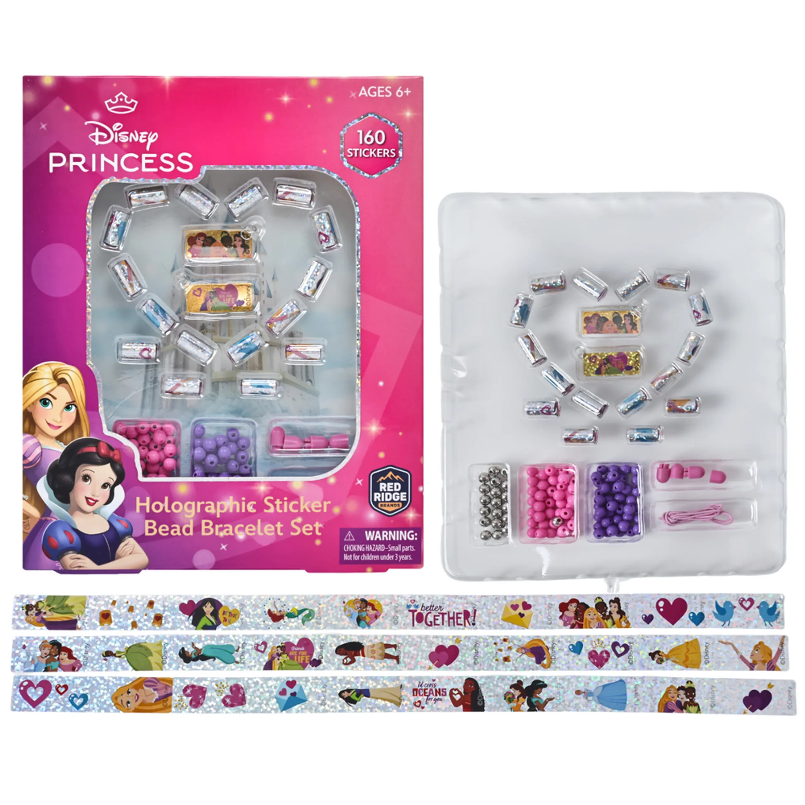 Princess Holographic Sticker Bead Bracelet Making Craft Set - 160pc Heart-Shaped