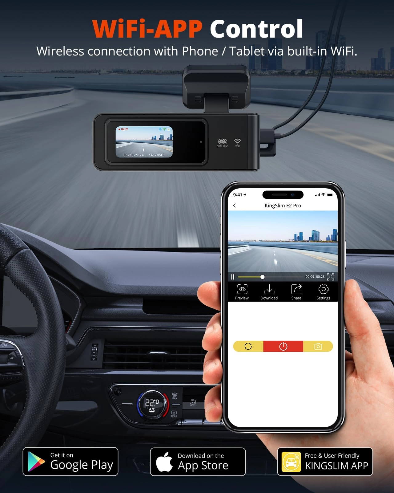 Wireless Dash Cam Front and Rear - 2K+1080P