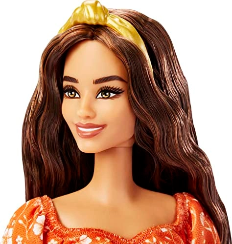 Barbie Fashionistas #160 - Long Brunette Hair Patterned Orange Dress Ages 3+