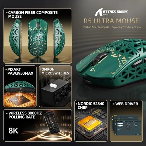R5Ultra 8K Carbon Fiber Gaming Mouse - 2.4G Wireless Bluetooth USB