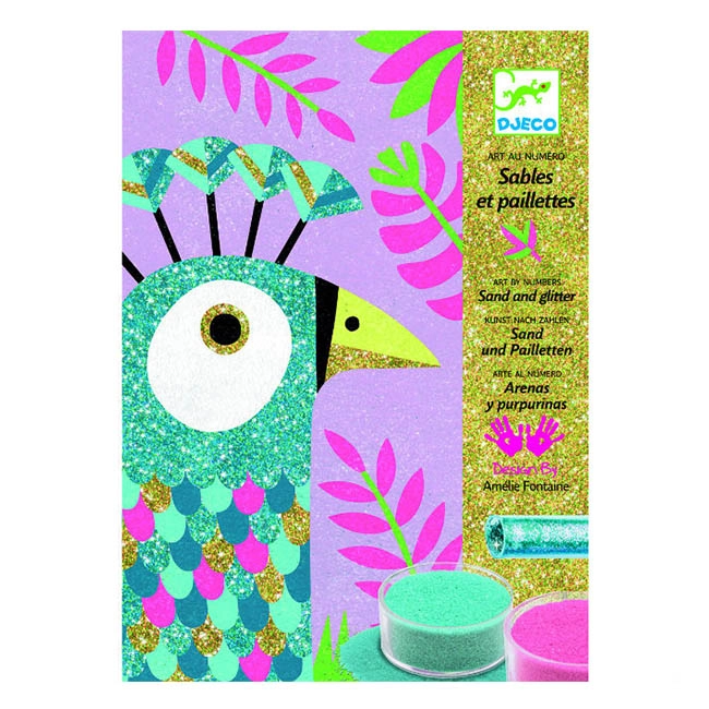 DJECO Dazzling Birds Sand Art - 4 cards 9 pots of colored sand