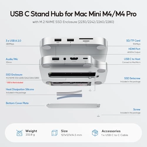 Mac mini M4 Dock - USB 2.0 PCIe NVMe 2242/2260/2280