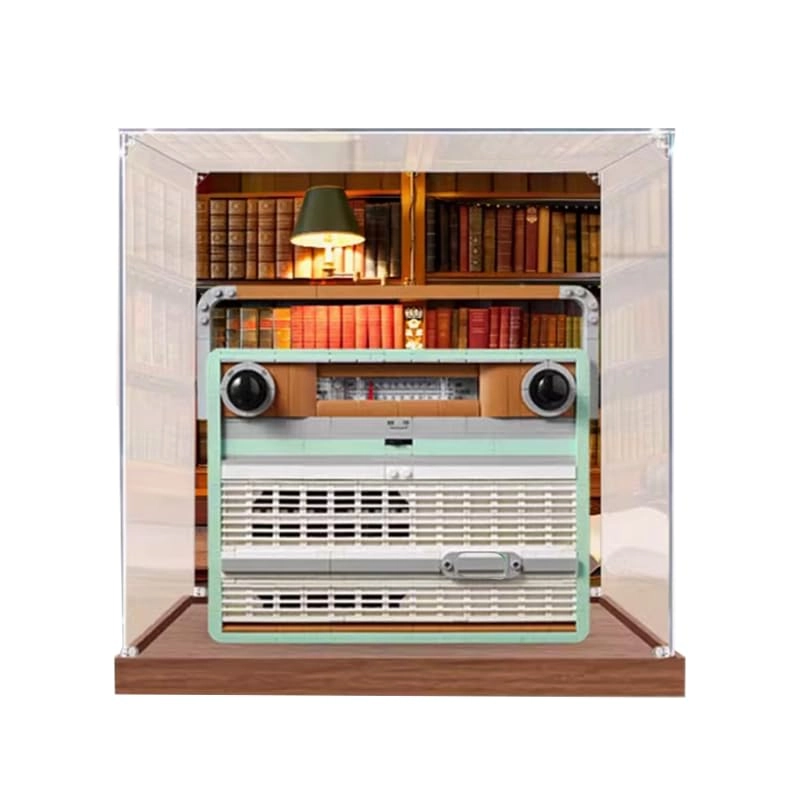 Clear Acrylic Display Case for Lego Icons 10334 - 25x15x30cm Acrylic Walnut Bottom+background