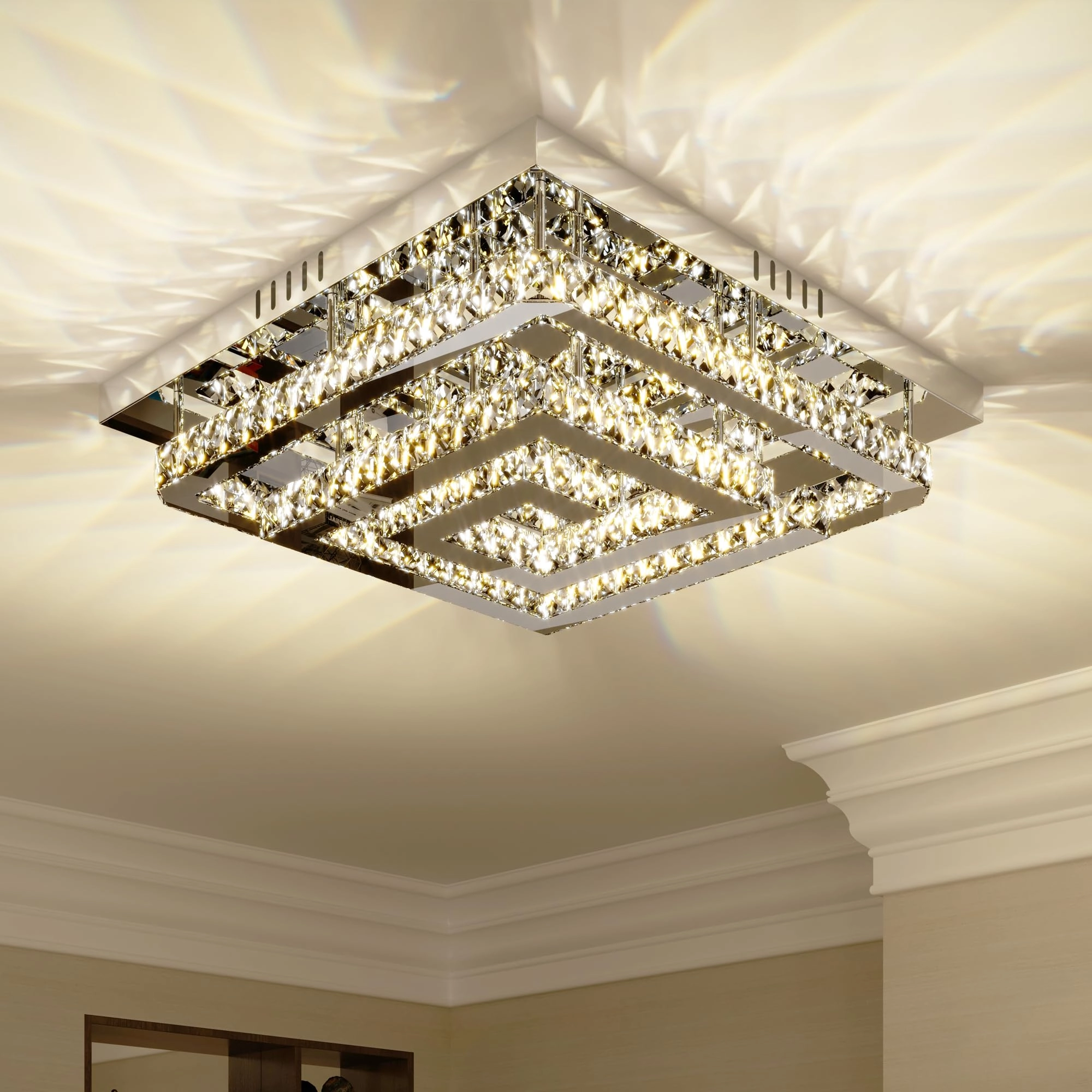 Sunny Hawaii Crystal Ceiling Light - 23.4 Inch Square LED Semi Flush Mount