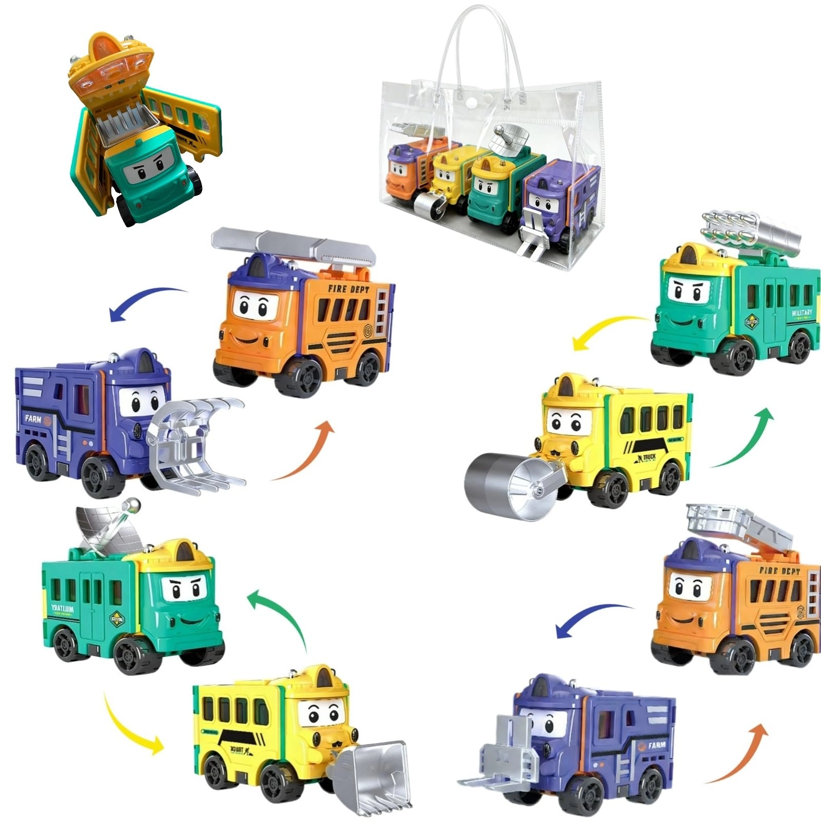 FayinLuna Flip & Transform Toy Cars - 8-in-1 4-Pack Friction Powered