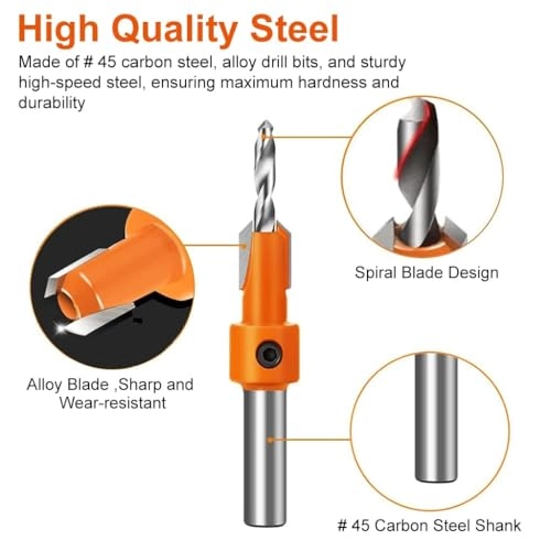 Tapered Countersink Drill Bits - #45 Carbon Steel 10Pcs 8mm