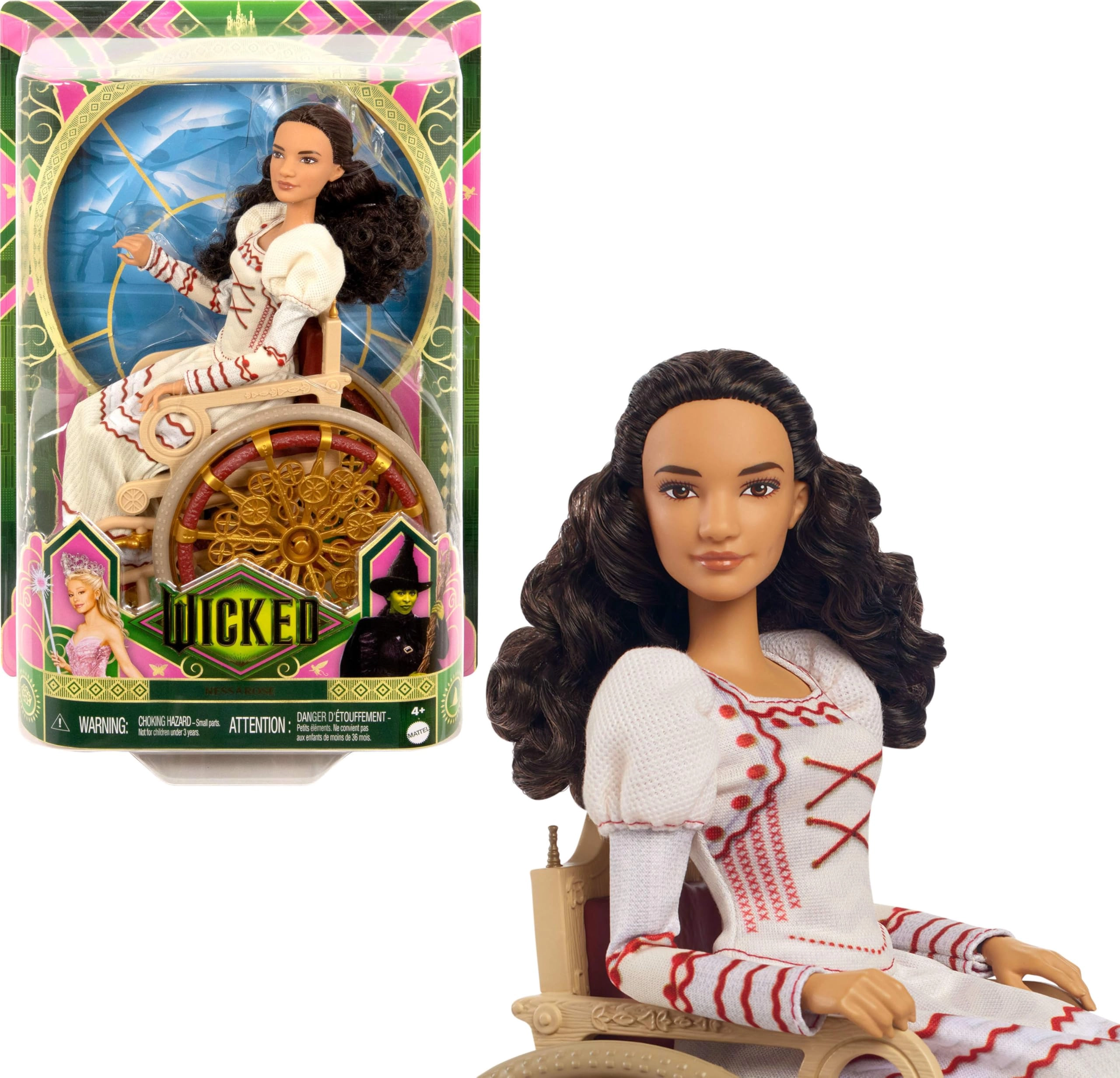 Mattel Nessarose Fashion Doll - Brown Curly Hair Gold Wheelchair