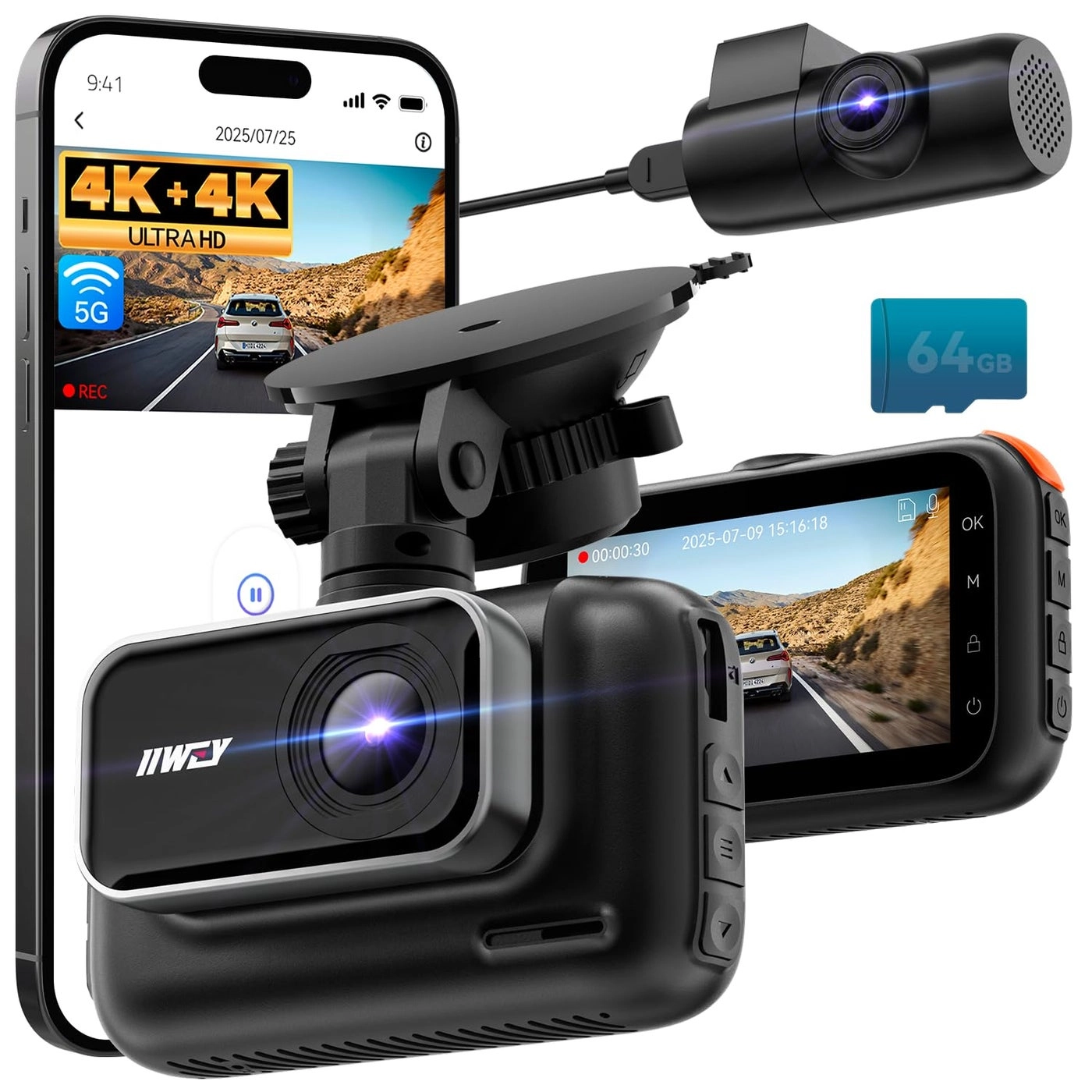 iiwey Dash Cam Front and Rear - 4K+4K