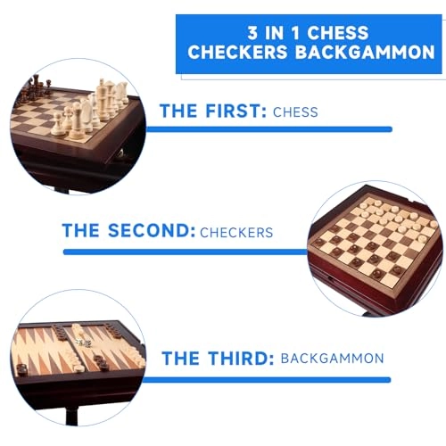 3-in-1 Chess Checkers Backgammon Table - Wood