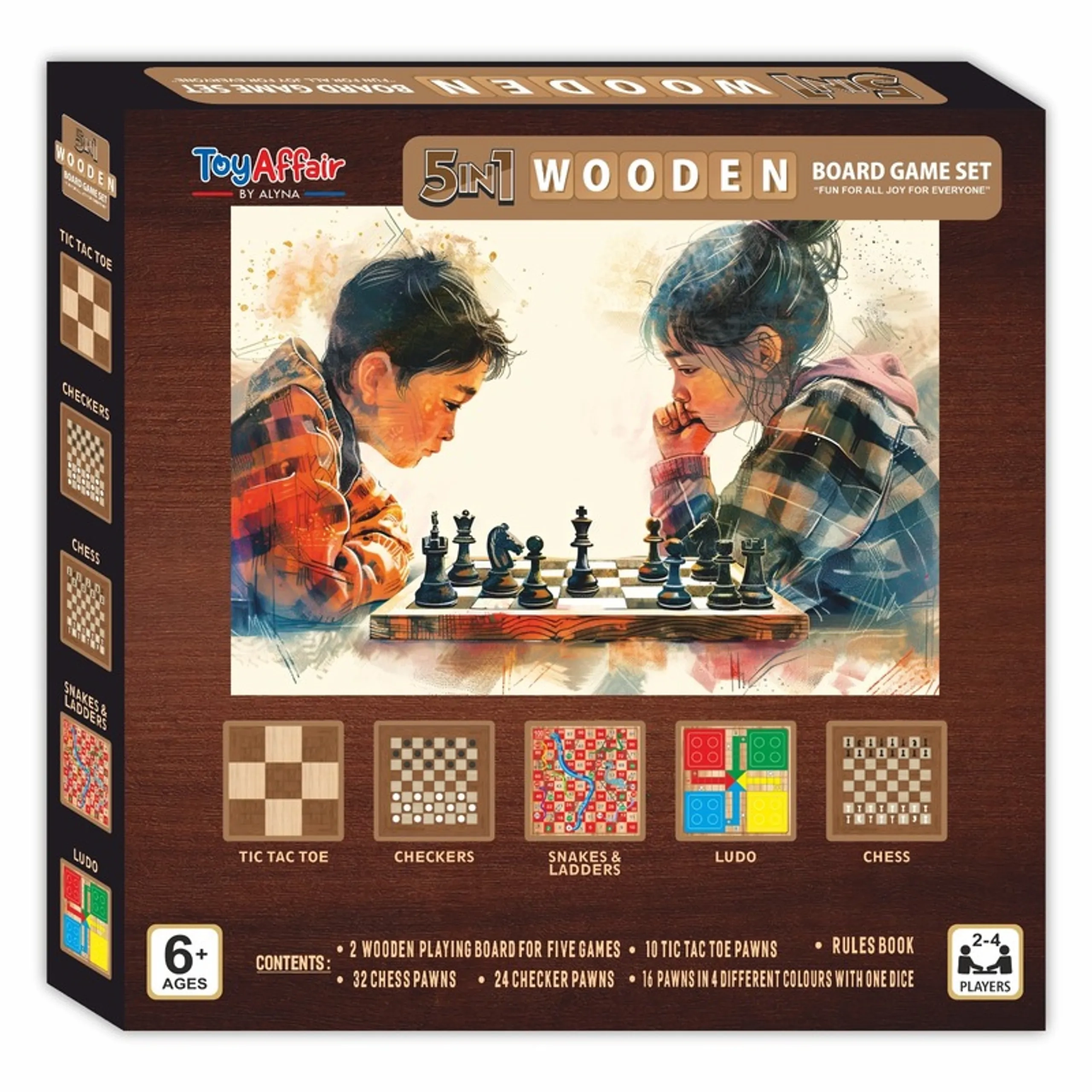 Toyaffair 5-In-1 Wooden Board Game Set - Suitable for 6 years & above