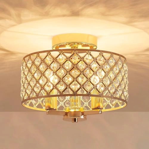 Crystal Chandelier - E14 x3 Sockets Diameter 27 x H22 cm Antique Brass Finish
