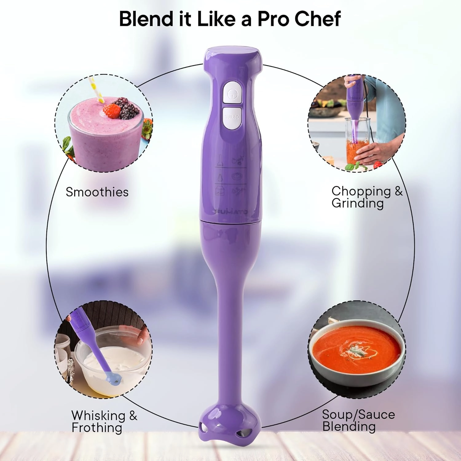 Hand Blender - Stainless Steel Blade Detachable Body 2 Speed Modes Purple