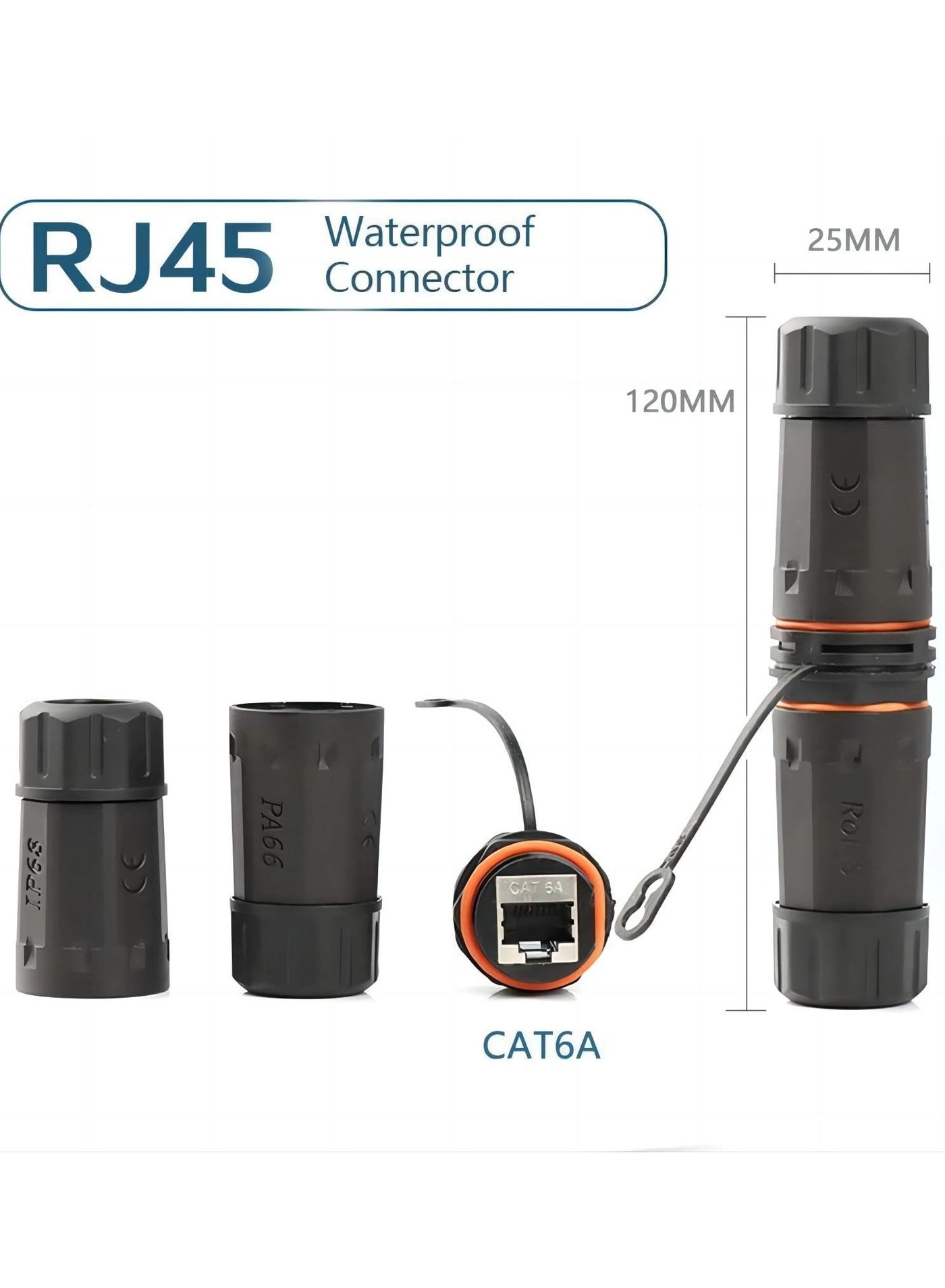RJ45 CAT6A Waterproof Connector - IP68 8P8C Female to Female