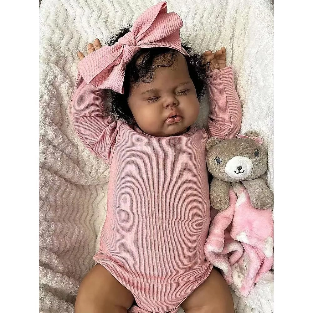Reborn Baby Doll - 19 Inch Cloth Body Black Curly Hair Ages 3+
