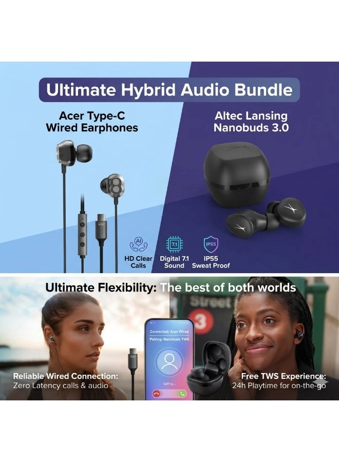 Acer Type-C Wired Earbud + Nanobuds 3.0 Wireless Earbud