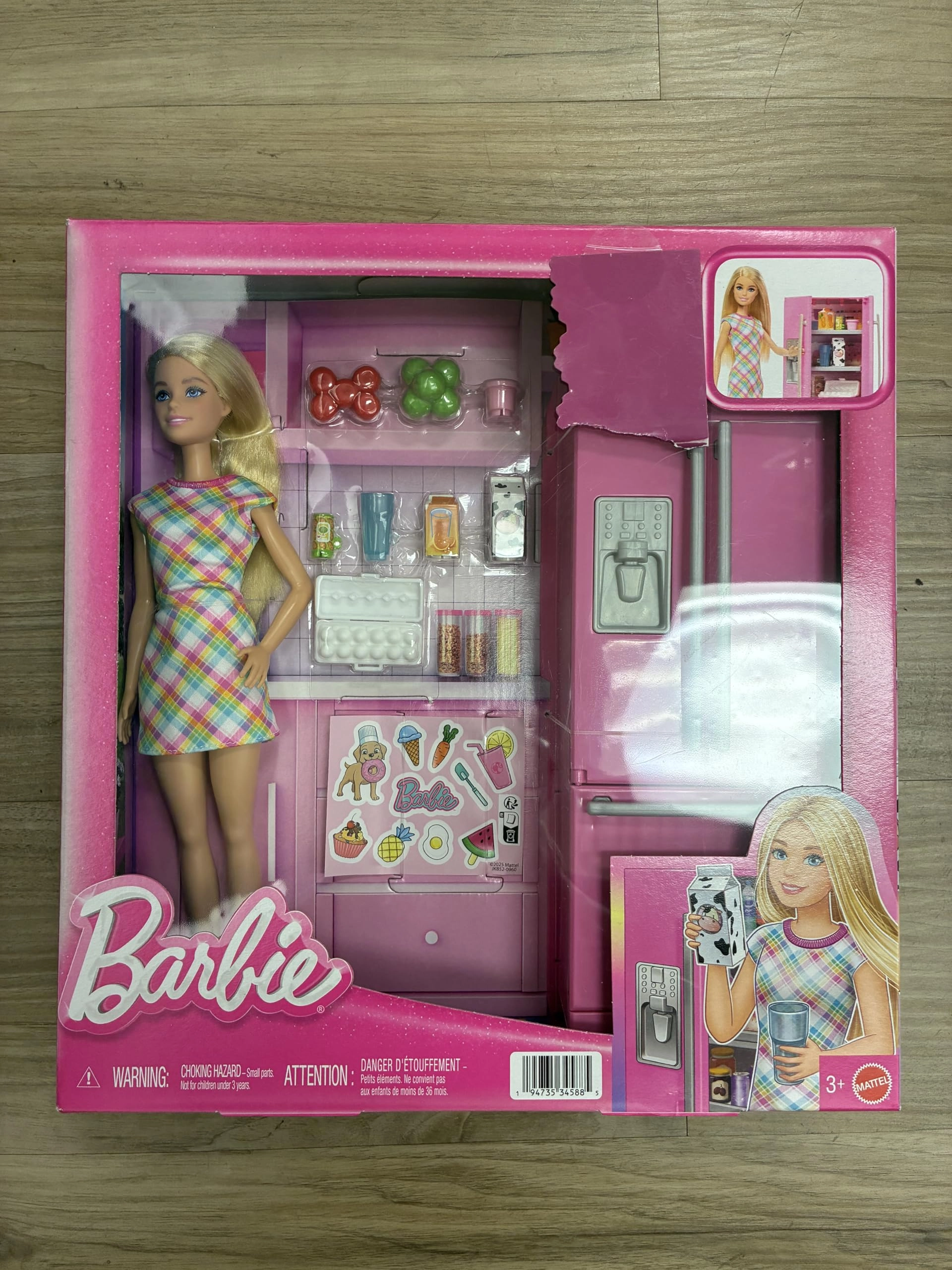 Mattel Doll + Kitchen Playset - Fridge 10 Accessories Ages 3+