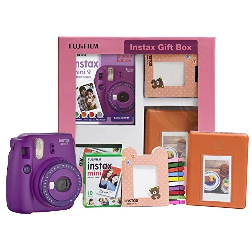 Instax Mini 9 - Clear Purple Selfie Mirror + Instax Mini Film Pack - 10x1 + Instax Photo Bunting + Instax Photo Album + Batteries + Camera Strap + Warranty Card + Instruction Manual