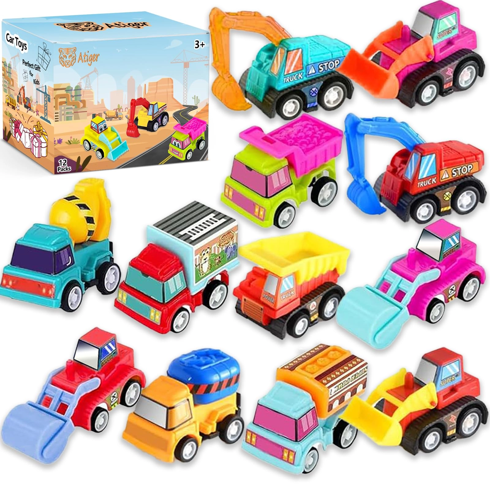 Atiger Pull Back Car Toys (24246) - Cartoon, Construction Vehicles, Mini Cars, Truck