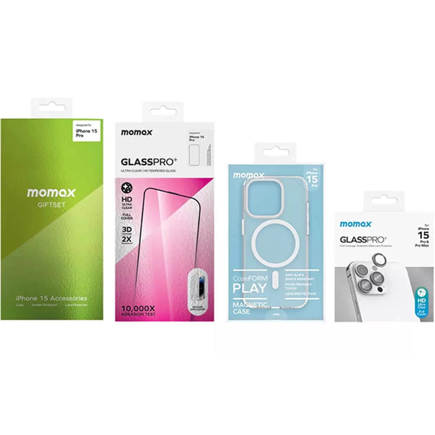 Momax Clear Back Protector + Screen Protector + Camera Lens Protector for iPhone 15 Pro