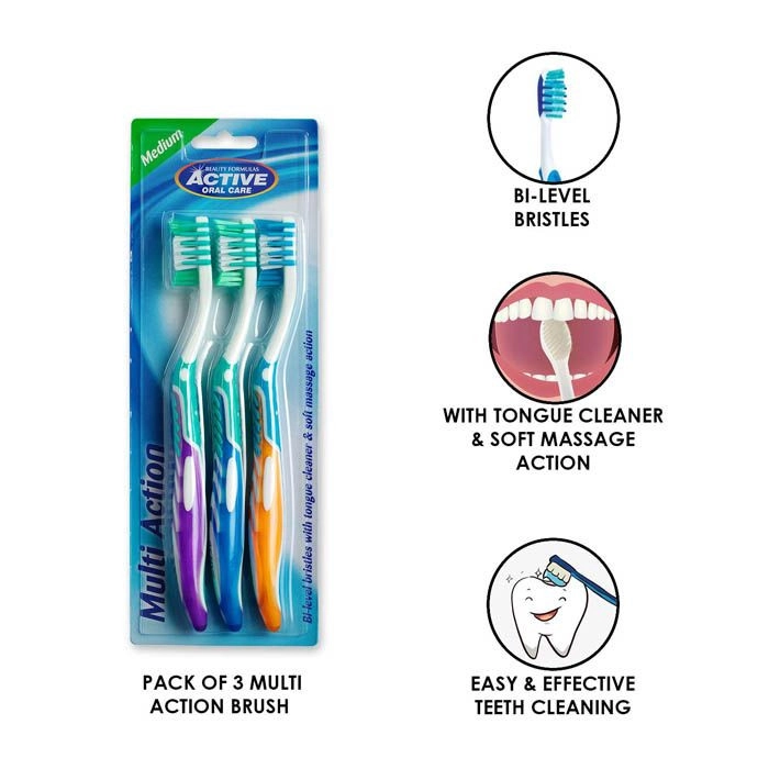 BEAUTY FORMULAS Multi Action Tooth Brush - Medium 3-Piece Pack