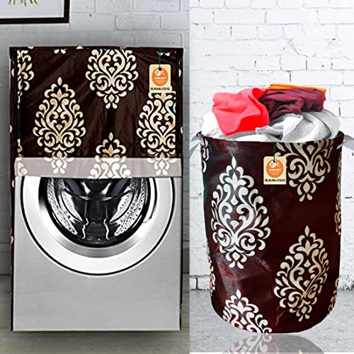Washing Machine Cover - Washable Dustproof 23 X 23 X 33 inches + Designer Laundry Bag - Brown Floral