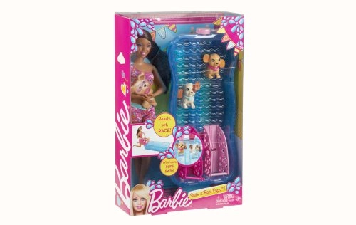 Barbie Swim and Race Pups Doll Playset - 1 Doll 2 Swimming Puppies Pool Slide Flag