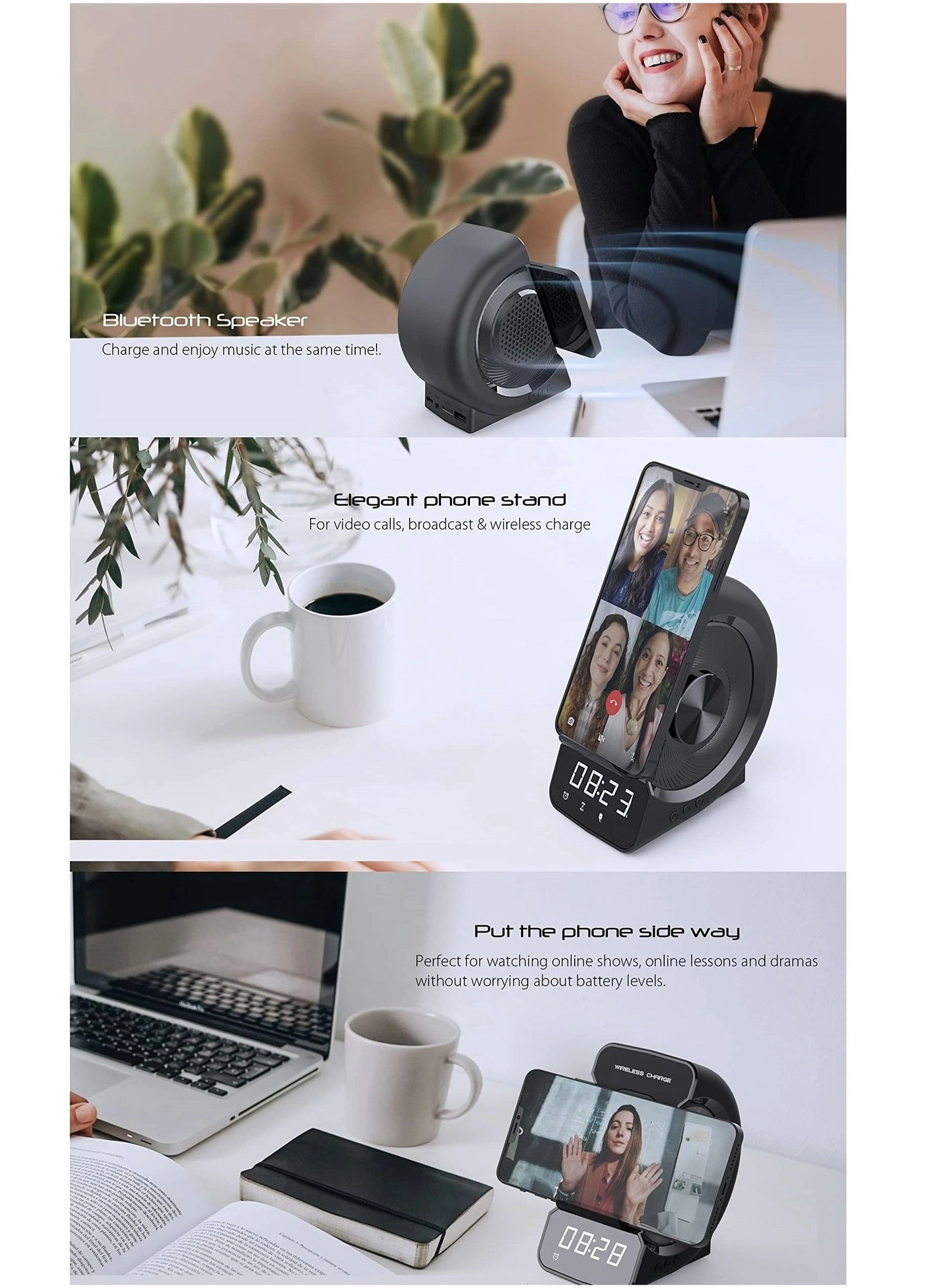 Bluetooth Speaker - Wireless Charger Stand Alarm Clock FM Radio