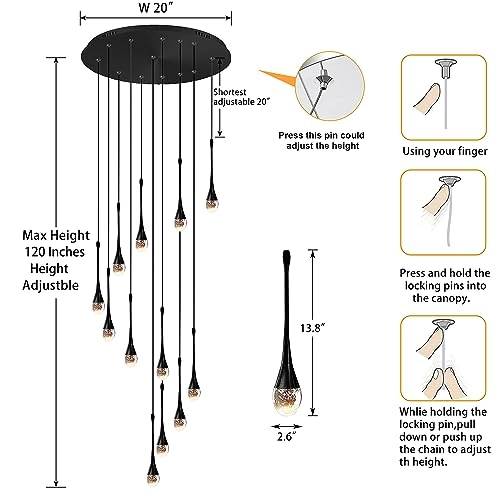 12 Light Black Raindrop Crystal Chandelier - 120''/305cm High Ceiling Dimmable LED