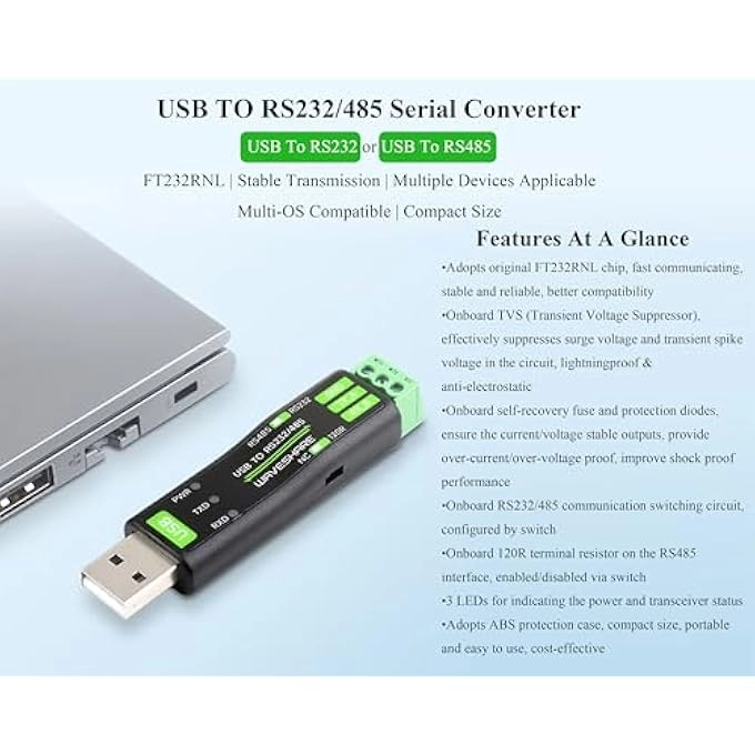 USB TO RS232/RS485 SERIAL CONVERTER ADAPTER - FT232RNL Compatible with Mac/Linux/Android/Win11/10/8.1/8/7